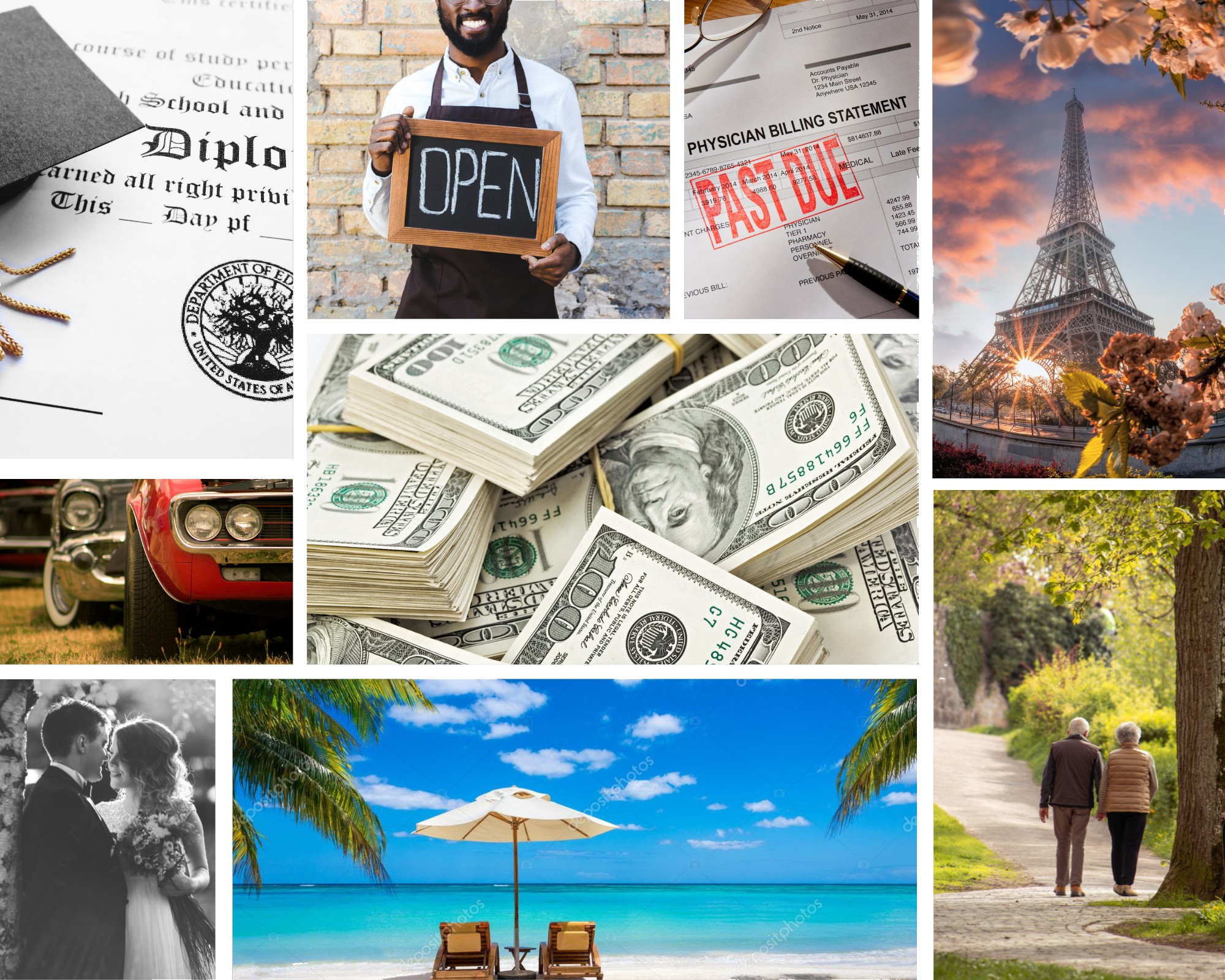 Collage showing reasons note holders sell: education, business, medical bills, travel, retirement, and more